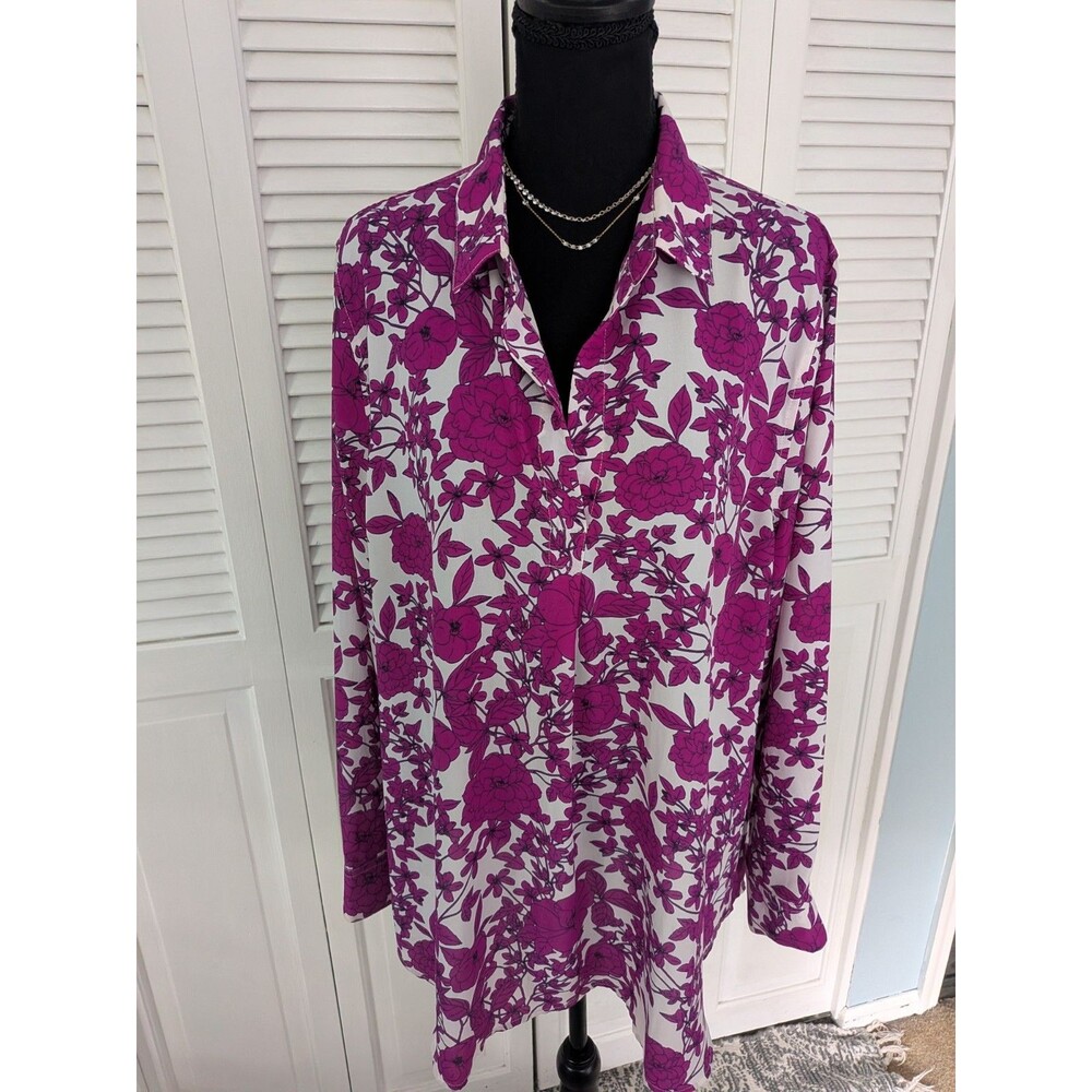 Banana Republic Boyfriend Fit Top Women's XL Button Back Purple Floral Blouse